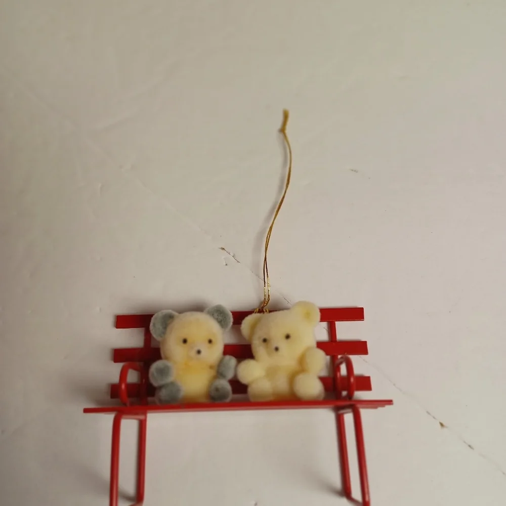 Vintage Flocked Bears on Red Bench‎ Christmas Ornament 3